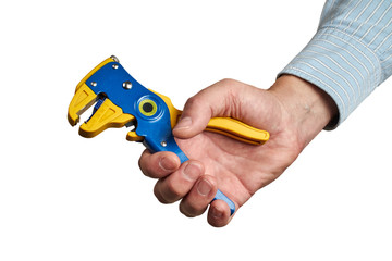 Man hand holding wire stripping tool with white background to edit