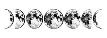 Moon Phases Planets In Solar System. Astrology Or Astronomical Galaxy Space. Orbit Or Circle. Engraved Hand Drawn In Old Sketch, Vintage Style For Label.