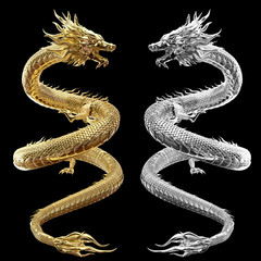 Wall Mural - full twin body gold and silver dragon in smart pose with 3d rendering include alpha path.