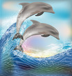 Ocean wave  wallpaper with two dolphins, vector illustration	