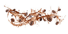 Wave Of Splashing Coffee With Coffee Beans, Isolated On White