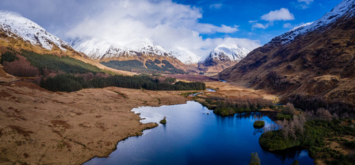 aerial drone shot of glen etive in the argyll region of the highlands of scotland showing loch etive and the entrance to glencoe