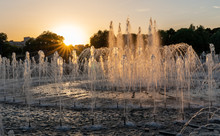Park Fountain At Sunset