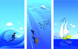 Illustrations of surfing, diving and sailing in vertical panels