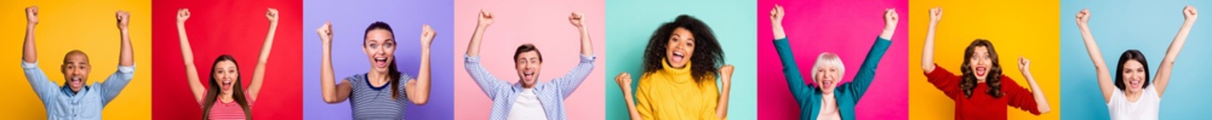 Canvas Print - Photo collage of group of eight different delightful cheerful encouraged victorious champion millennials have good mood feel happy excited emotion isolated over multicolored background sale concept