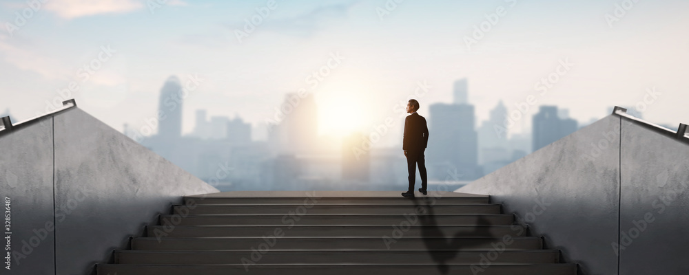 successful business way, how to success and be achievement and focus to goal concept, young businessman standing and looking out to develop working life to leader, decision and choice concept - obrazy, fototapety, plakaty 