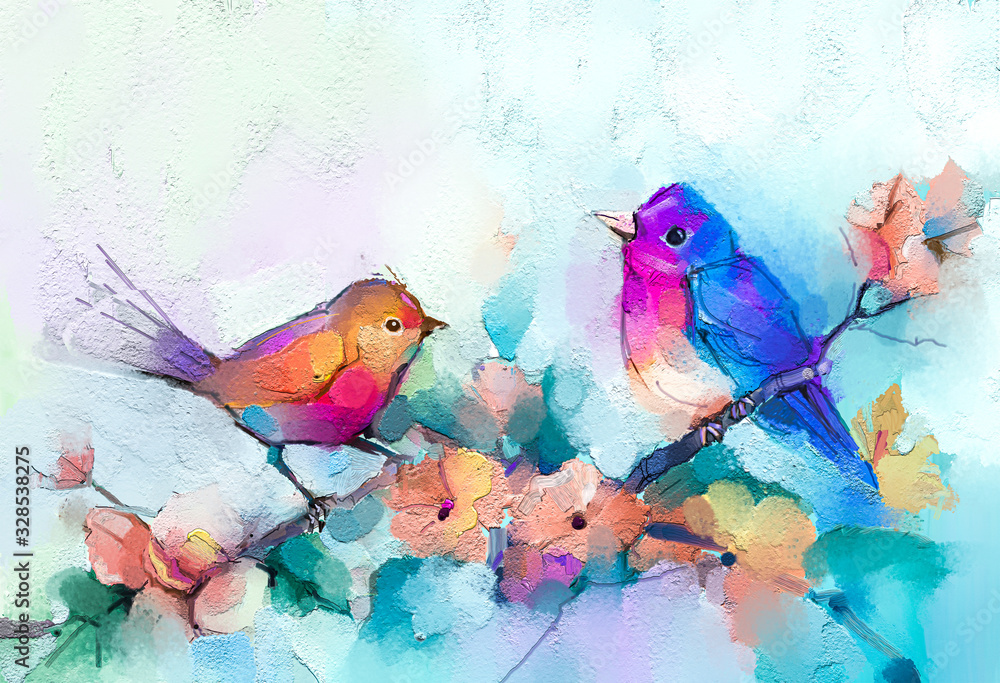 Abstract colorful oil, acrylic painting of bird and spring flower. Modern art paintings brush stroke on canvas. Illustration oil painting, animal and floral for background. - obrazy, fototapety, plakaty 