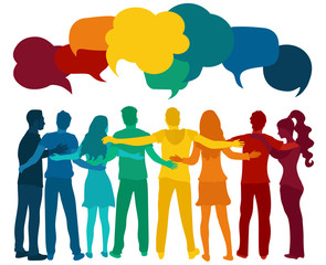 Sticker - Dialogue and friendship silhouette group of multiethnic people of diverse culture.Communication speak discussion.Crowd talking.Social network.Community.Speech bubble rainbow colors