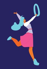 Young woman in flat style dancing with letter O or number 0. Isolated on blue background bright character