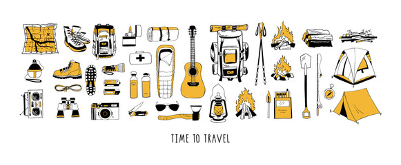 set of vector elements in black and yellow colors isolated on white. hiking, camping. backpack, boot