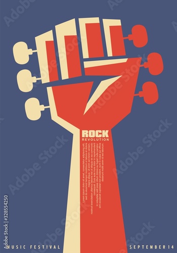 Dekoracja na wymiar  pomysl-na-kreatywny-plakat-rock-revolution-z-rewolucyjna-piescia-i-gryfem-gitarowym-z-kolkami-do-strojenia