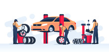 Tire Service Concept. Car Mechanic Check The Condition Of The Wheels And Repair Them. Garage With The Car On The Lift. Vector Illustration In Flat / Cartoon Style.
