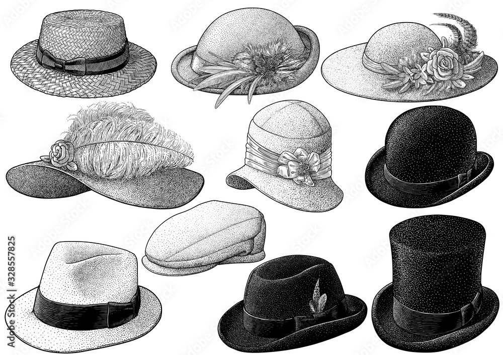 Vintage hat collection illustration, drawing, engraving, ink, line art, vector - obrazy, fototapety, plakaty 