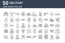 Set Of 50 Military Icons. Outline Thin Line Icons Such As Jet, Canon, Crosshair, Soldier, Bomb, Nuclear, Battleship