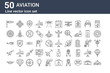 set of 50 aviation icons. outline thin line icons such as airplane, badge, plane, helicopter, turbine, drone, airplane