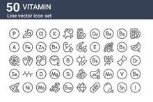 Set Of 50 Vitamin Icons. Outline Thin Line Icons Such As Vitamin, Cheese, Vitamin, Citrus, Stomach, Amino Acids