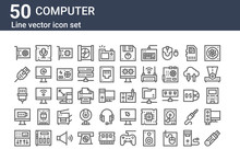 Set Of 50 Computer Icons. Outline Thin Line Icons Such As Usb, Mixer, Battery, Vga, Lan, Microphone, Pen