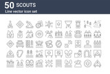 Fototapeta  - set of 50 scouts icons. outline thin line icons such as tent, shore, beanie, animal, life vest, fleur de lis, wristwatch