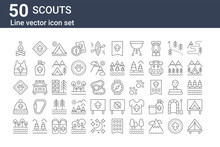 Set Of 50 Scouts Icons. Outline Thin Line Icons Such As Tent, Shore, Beanie, Animal, Life Vest, Fleur De Lis, Wristwatch