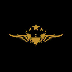 Gold winged sword with shield vector icon.