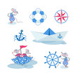 © velishchuknatali - Marine set. Mice sailors, anchor, helm, compass, umbrella and paper boat. Cartoon characters. Design for baby textiles. Year of the rat. Vector illustration on a white background.