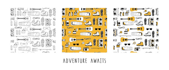 Wall Mural - Set of vector seamless patterns in yellow, white, black colors. Modern endless texture. Forever young. Boots, flashlight, guitar, sleeping bag, compass, radio, fishing rod, camera. Lettering. Print
