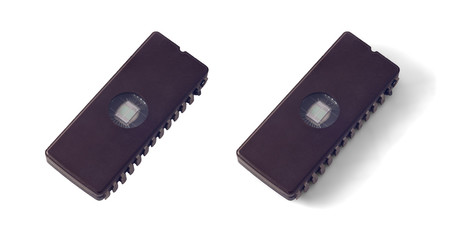 Wall Mural - macro photo of a vintage cmos eprom microchip with a glass window isolated on a white background wit