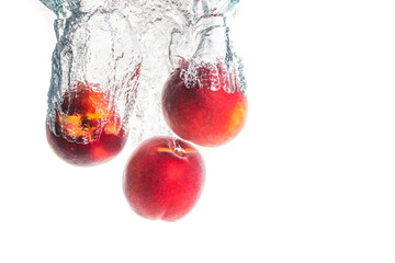 Wall Mural - Nectarine fruits splashing into water and sinking with air bubbles isolated on white background