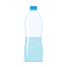 Plastic Bottle Half Filled Of Fresh Sparkling Water. Flat Icon Isolated On White Background. Stylized Vector Eps10 Illustration With Transparency.