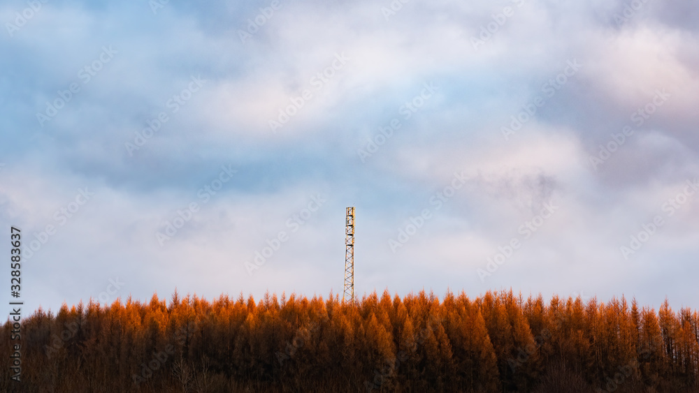 New tower build on the hill in forest rady for3G 4G LTE Radio Mast in a Rural Location - obrazy, fototapety, plakaty 