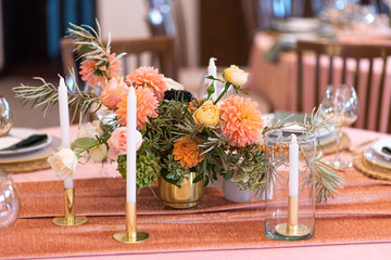 Elegant decor of a wedding bank in peach and green