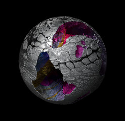 Wall Mural - 3d render of abstract art 3d silver metal broken planet earth with big damage and rough and grunge surface with organic pattern and multi color cracked holes in pink blue and yellow color on black 