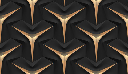 Wall Mural - 3D Wallpaper in the form of futuristic black relief modules with gold elements. High quality seamless texture.