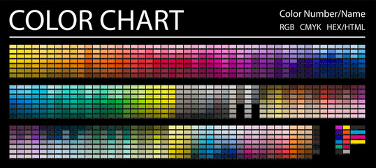 color chart. print test page. color numbers or names. rgb, cmyk, hex html codes. vector color palett