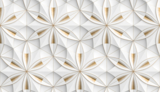 Wall Mural -  - 3D Wallpaper in the form of geometric panels of white with golden decorative scuffs. Flower of life. Realistic seamless texture of high quality.