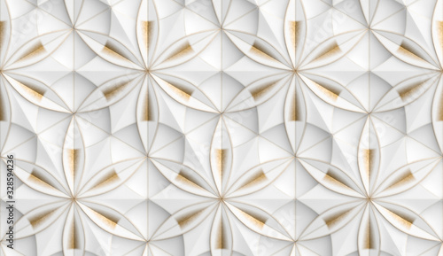 Dekoracja na wymiar  tapeta-3d-w-formie-geometrycznych-paneli-w-kolorze-bialym-ze-zlotymi-ozdobnymi-przetarciami-kwiat
