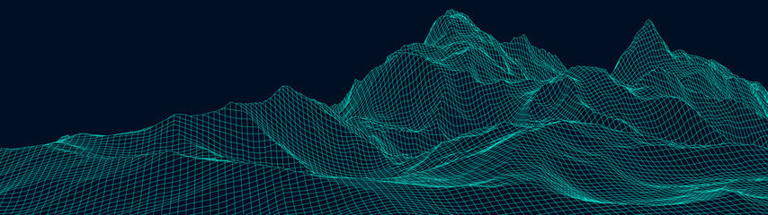 Vector wireframe 3d landscape. Technology grid illustration. Network of connected dots and lines. Futuristic background.
