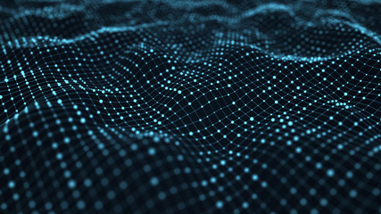 Wave with connecting dots and lines. Futuristic blue dots background with a dynamic wave. 3d rendering.