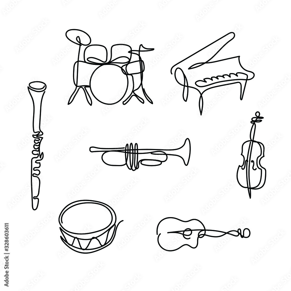 One line musical instruments design - Hand drawn minimalism style ...
