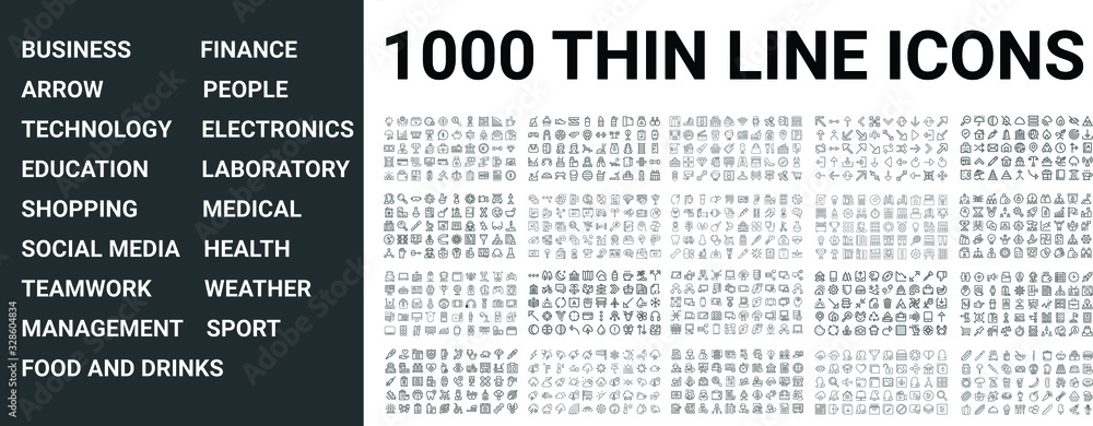 Big set of 1000 thin line icon. Business, finance, technology,sport, medical, health, people, teamwork, arrows, electronics, social media, education, shopping, weather, management, laboratory, ui pack - obrazy, fototapety, plakaty 