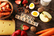 Allergy food concept. Allergy food as almonds, milk, cheese, strawberry, seeds, eggs, peanuts and .crustaceans or shrimps with wooden letter food allergy