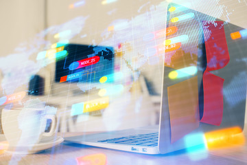 multi exposure of desktop computer and technology theme hologram. concept of software development.