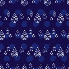 Wall Mural - Vector blue shibori teardrop rows with background dots seamless pattern. Suitable for textile, gift wrap and wallpaper.