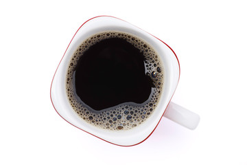 Wall Mural - Red white cup of hot black coffee isolated on white background with clipping path. Top view. Flat lay.