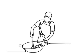 Wall Mural - continuous line drawing of chef prepares food in the kitchen