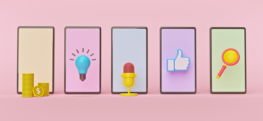 Wall Mural - smartphone apps concept design. minimal style symbols. horizontal banner. 3d rendering