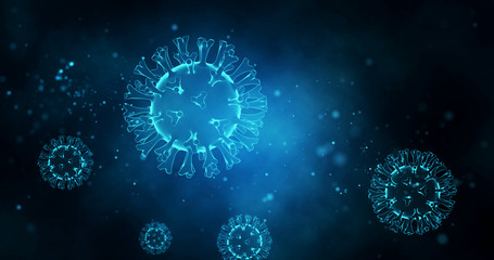 Wall Mural - pathogenic viruses on a bright shiny blue background. viral disease outbreak. 3d render.