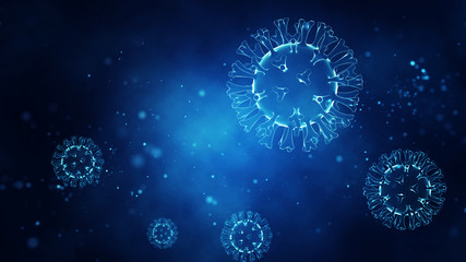 Wall Mural - pathogenic viruses on a bright shiny blue background. viral disease outbreak. 3d render.