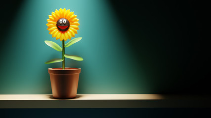 Wall Mural - 3d cartoon sunflower character in flower pot on shelf in spotight