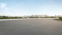 Empty Concrete Floor In City Park. 3d Rendering Of Outdoor Space And Architecture With Blue Sky Background.